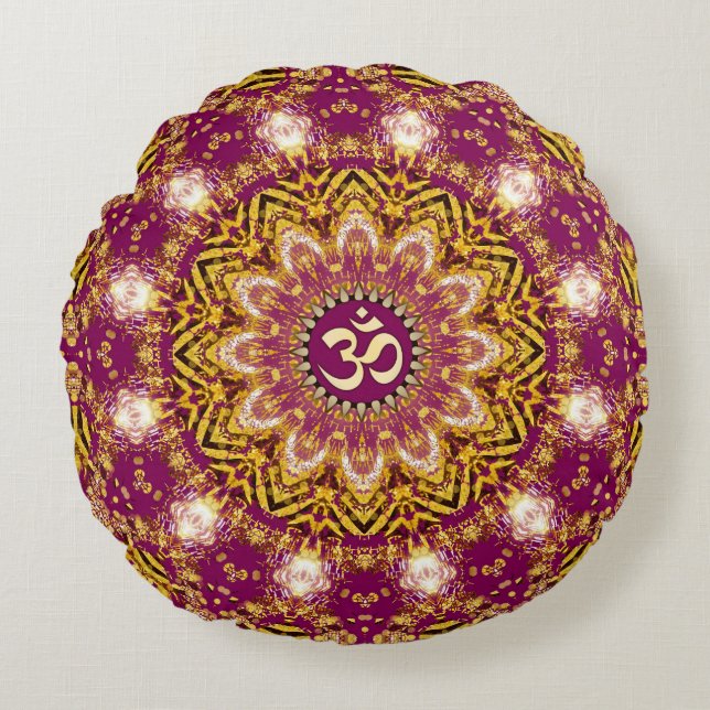 Magenta Gold Boho Spiritual OM Yoga Round Cushion (Front)