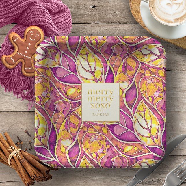 Magenta Gold Christmas Merry Pattern#21 ID1009 Paper Plate (Creator Uploaded)