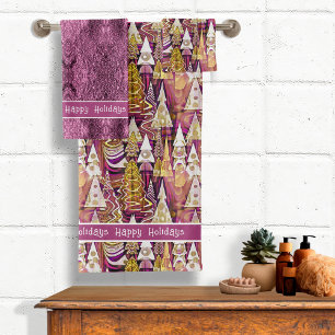 Magenta Gold Christmas Merry Pattern#25 ID1009 Bath Towel Set