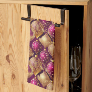 Magenta Gold Christmas Pattern#12 ID1009 Tea Towel