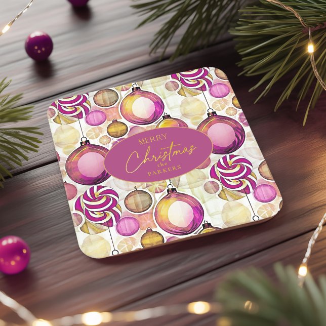 Magenta Gold Christmas Pattern#6 ID1009 Square Paper Coaster (Creator Uploaded)