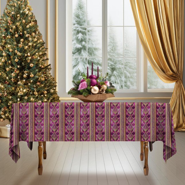 Magenta Gold Christmas Stripe Pattern#27 ID1009 Tablecloth (Creator Uploaded)