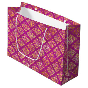 Magenta & Gold Damask Sparkle Pattern Large Gift Bag