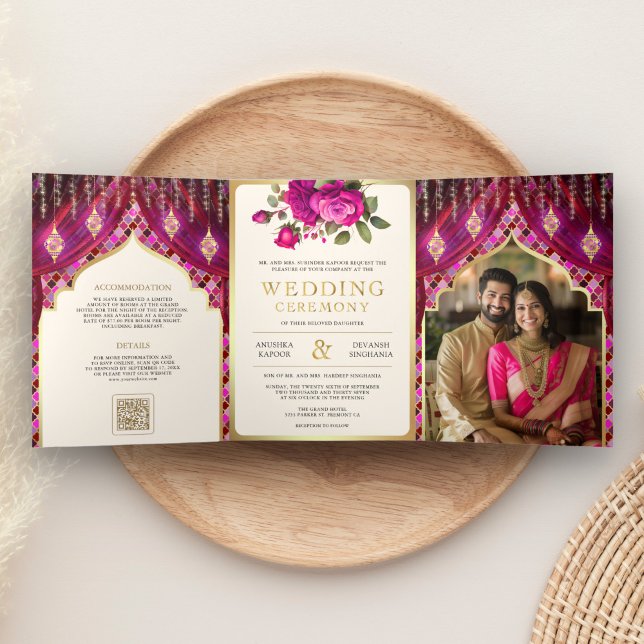 Magenta Gold Floral Curtain Indian Hindu Wedding Tri-Fold Invitation (Creator Uploaded)