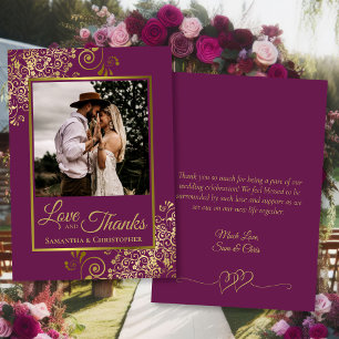 Magenta & Gold Love & Thanks Photo & Note Wedding Thank You Card