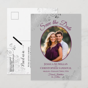 Magenta & Grey Lacy Wedding Save the Date Photo Announcement Postcard