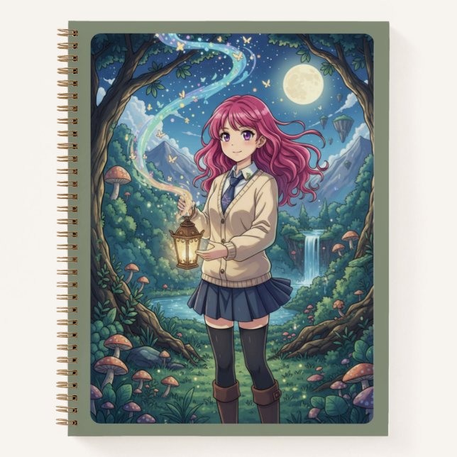 Magenta Hair Anime Girl & Enchanted Forest Lantern Notebook (Front)