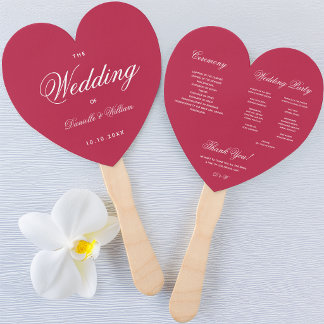 Magenta Heart Elegant Calligraphy Wedding Program Hand Fan
