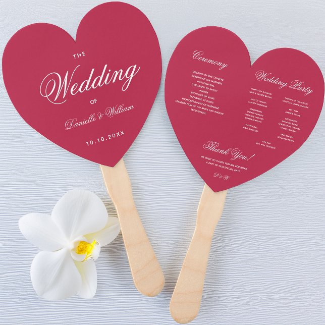 Magenta Heart Elegant Calligraphy Wedding Program Hand Fan (Creator Uploaded)