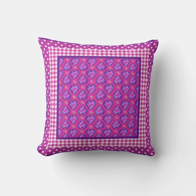 Magenta Hearts and Flowers, Checks and Polka Dots Cushion (Front)