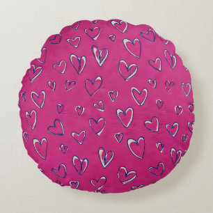 Magenta Hearts Pattern Round Cushion