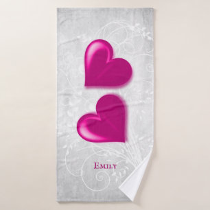 Magenta Hearts Personalised Bath Towel Set
