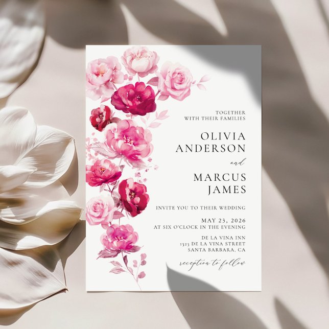 Magenta Hot Pink Floral Elegant Wedding Invitation (Front)