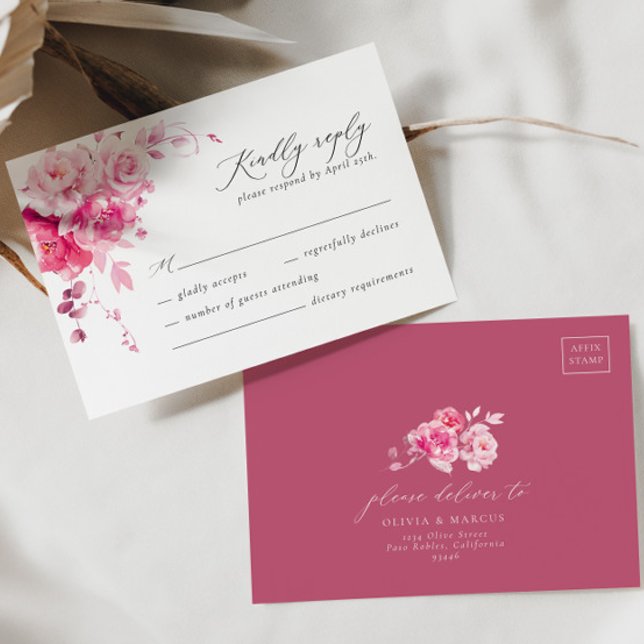 Magenta Hot Pink Floral Elegant Wedding RSVP Card (Front/Back)