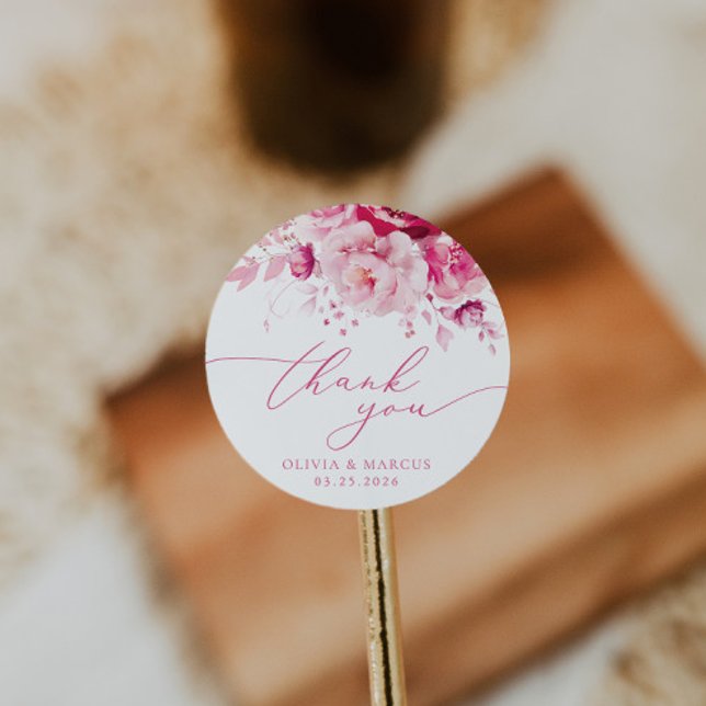 Magenta Hot Pink Floral Wedding Thank You Favour Classic Round Sticker (Creator Uploaded)