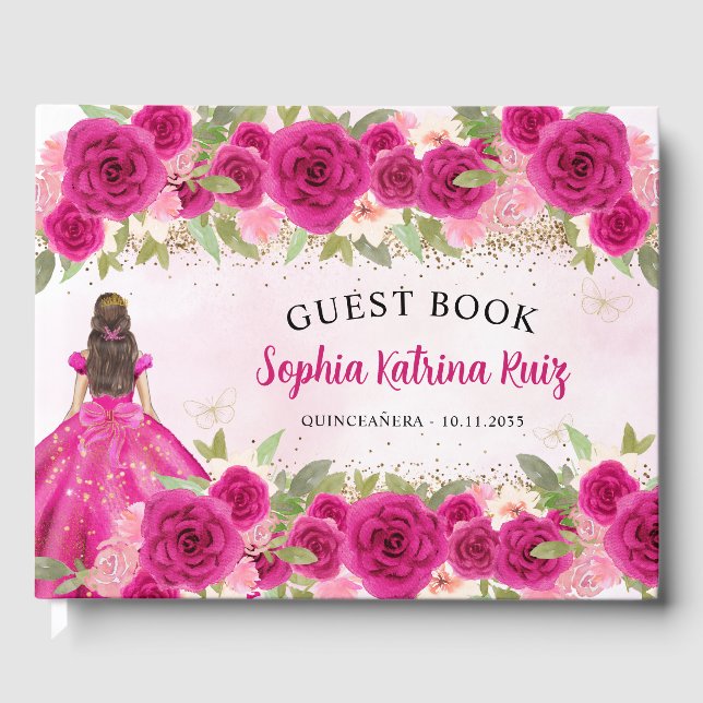 Magenta Hot Pink Gold Floral Princess Quinceañera Guest Book (Front)