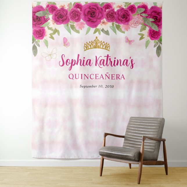 Magenta Hot Pink Gold Floral Princess Quinceañera Tapestry (In Situ)