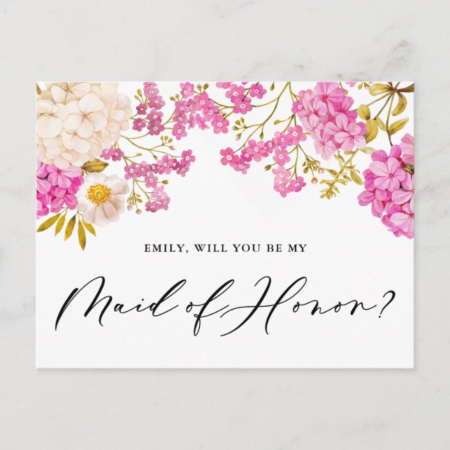Magenta Hydrangeas Maid of Honour Proposal Card (Front)