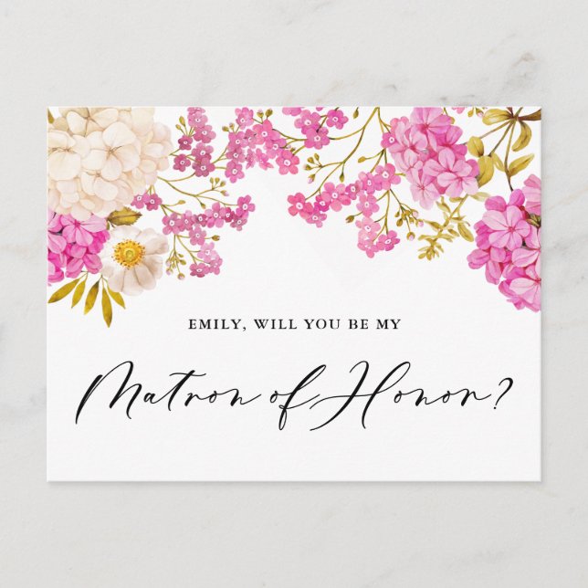 Magenta Hydrangeas Matron of Honour Proposal Card (Front)