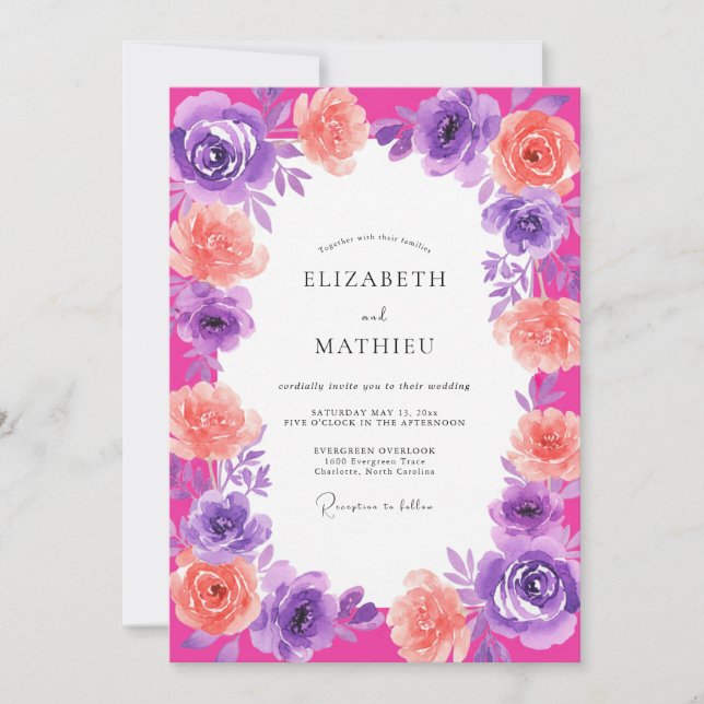 Magenta Lavender Romantic Floral Wedding Invitation (Front)