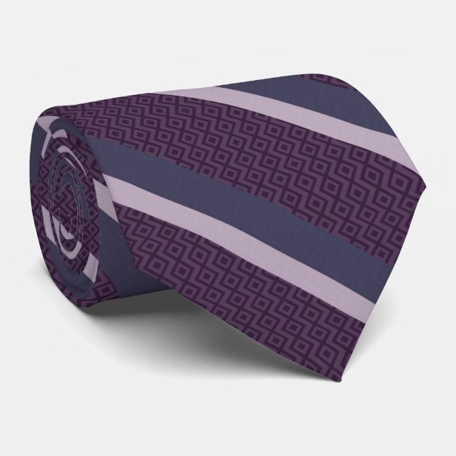 Magenta Lavender Stripes On Mauve Diamond Pattern  Tie (Rolled)