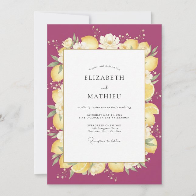 Magenta Lemon Citrus Eucalyptus Wedding Invitation (Front)