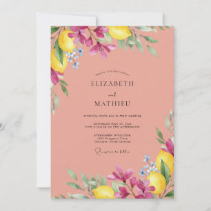 Magenta Lemon Citrus Soft Eucalyptus Wedding Invitation