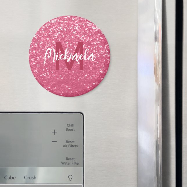 Magenta light pink sparkles glitter Monogram name Magnet (In Situ (Fridge))