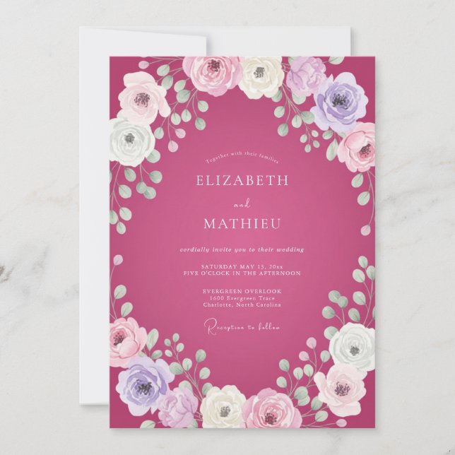 Magenta Lilac Ranunculus Eucalyptus Wedding Invitation (Front)