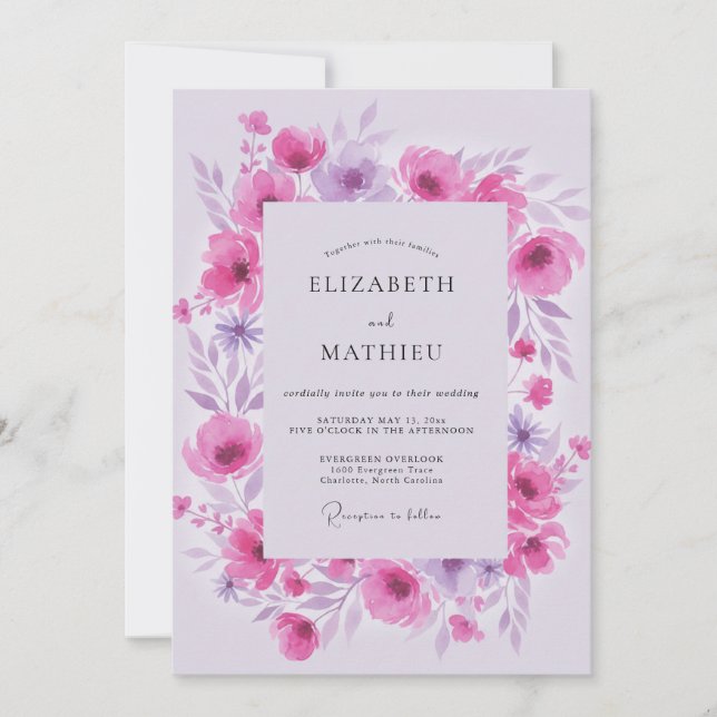 Magenta Lilac Ranunculus Soft Eucalyptus Wedding Invitation (Front)