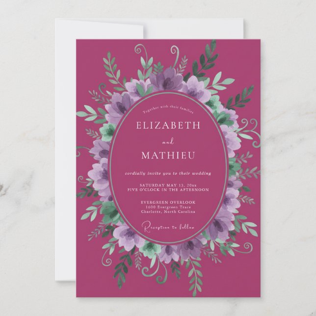 Magenta Lilac Wreath Wedding Invitation (Front)
