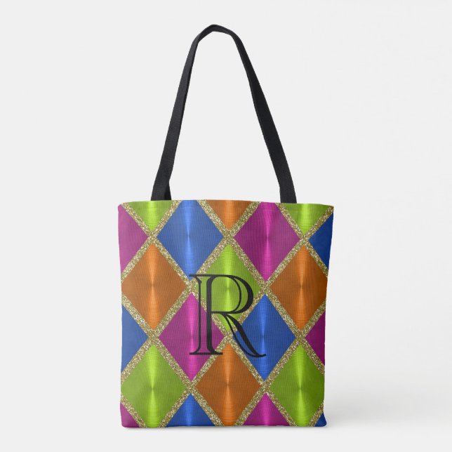 Magenta Lime Blue Gold Harlequin with Monogram Tote Bag (Back)