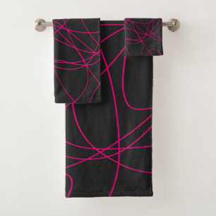 Magenta Line Art on Black  Bath Towel Set