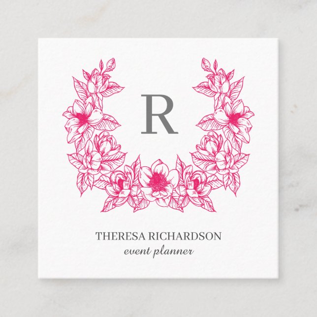 Magenta  Magnolia Wreath Monogram social media Square Business Card (Front)