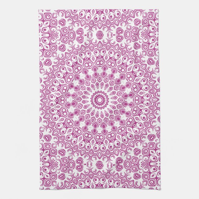Magenta Mandala Geometric Pattern Tea Towel (Vertical)