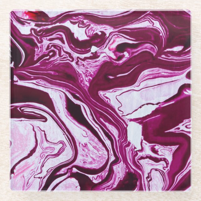 Magenta Marble Texture: Abstract Fluid Art Glass Coaster (Front)