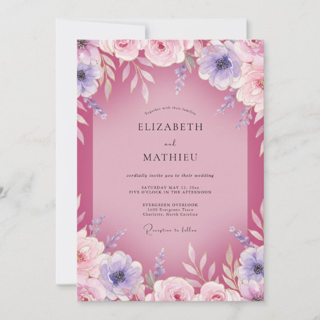 Magenta Mauve Ranunculus Eucalyptus Wedding Invitation (Front)