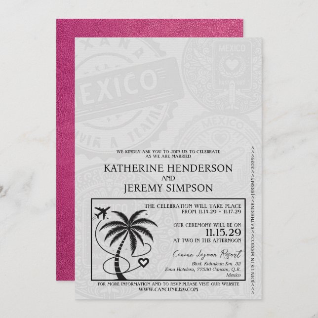 Magenta Mexico Passport Wedding Invitation (Front/Back)