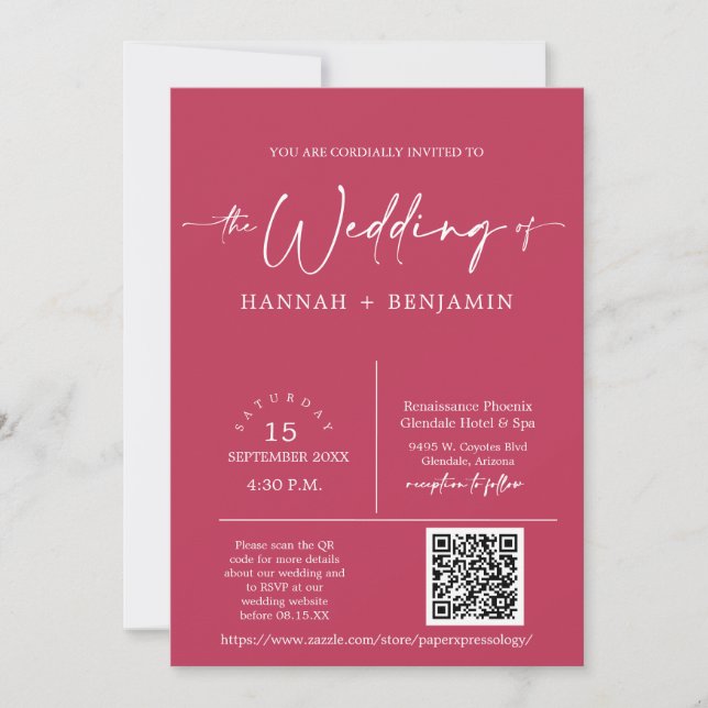 Magenta Minimal Script Wedding Arch QR Code Photo Invitation (Front)