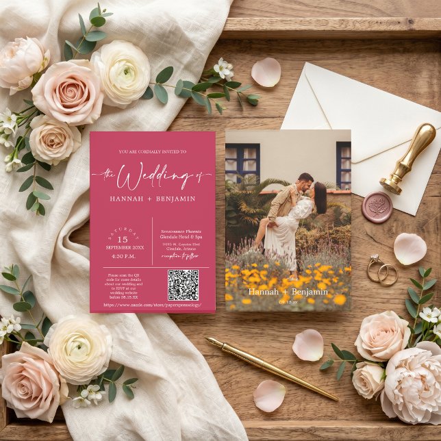 Magenta Minimal Script Wedding Arch QR Code Photo Invitation (Creator Uploaded)