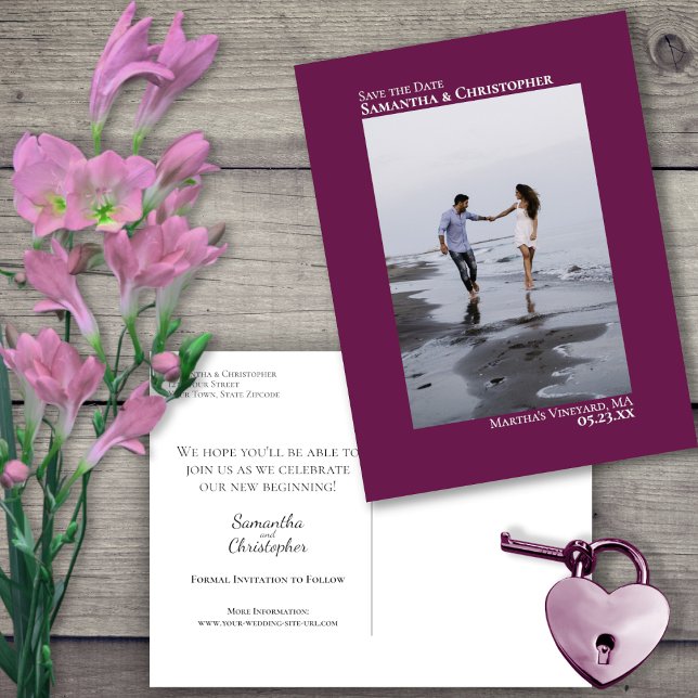 Magenta Minimalist Wedding Photo Save The Date Announcement Postcard (Creator Uploaded)