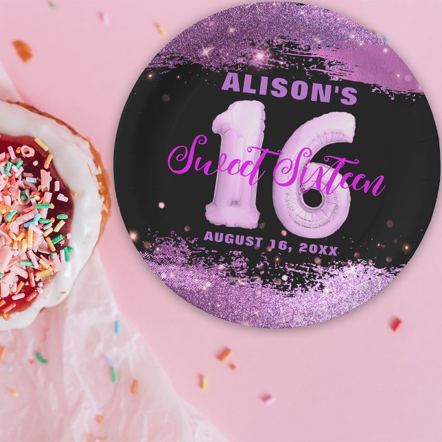 Magenta Modern Glam Sweet Sixteen Birthday Paper Plate (Creator Uploaded)