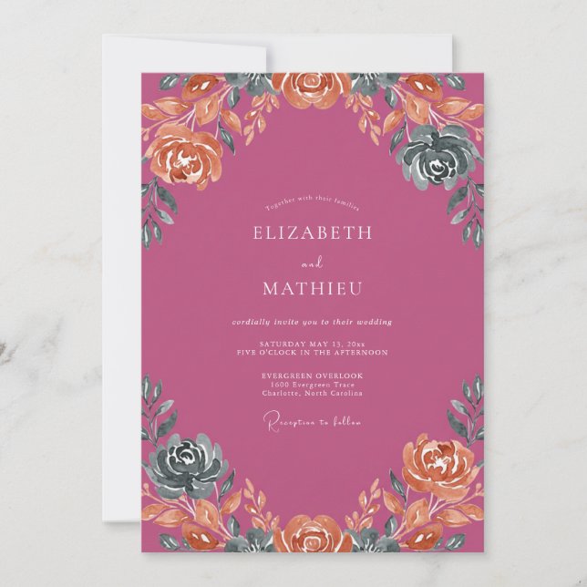 Magenta Muted Coral Petal Wedding Invitation (Front)