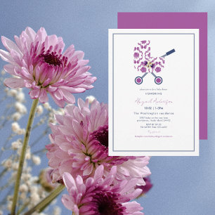 Magenta & Navy Damask Pram Baby Shower Invitation