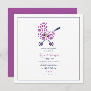 Magenta & Navy Damask Pram Baby Shower Square Invi Invitation