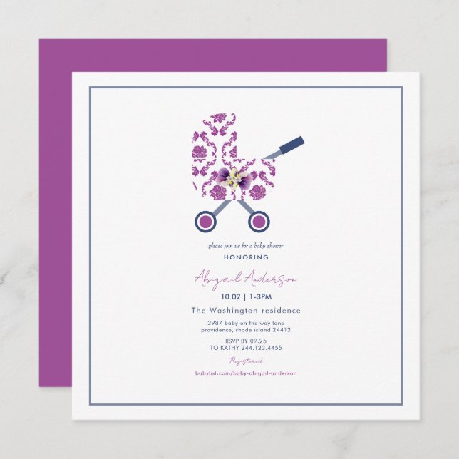 Magenta & Navy Damask Pram Baby Shower Square Invi Invitation (Front/Back)