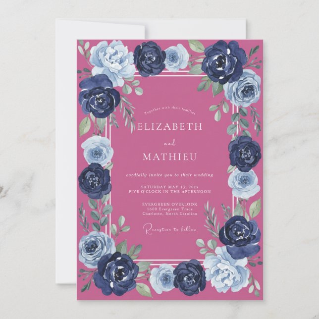 Magenta Navy Ranunculus Eucalyptus Wedding Invitation (Front)