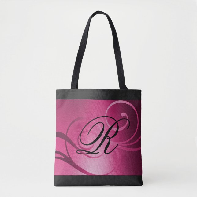 Magenta Ombre Swirl Design with Monogram Tote Bag (Front)