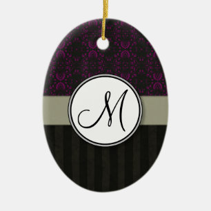 Magenta on Black Damask with Stripes and Monogram Ceramic Tree Decoration