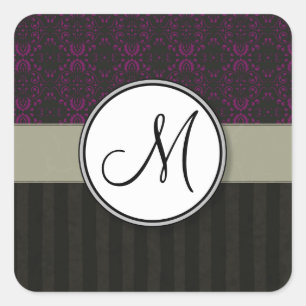 Magenta on Black Damask with Stripes and Monogram Square Sticker